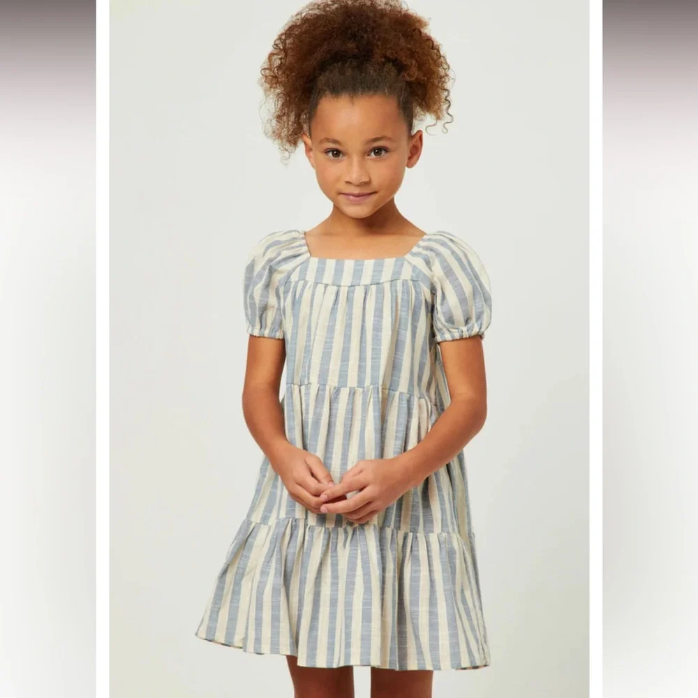 ❌ HAYDEN Striped Puff Sleeve Tiered Cotton Babydoll Dress Girls L